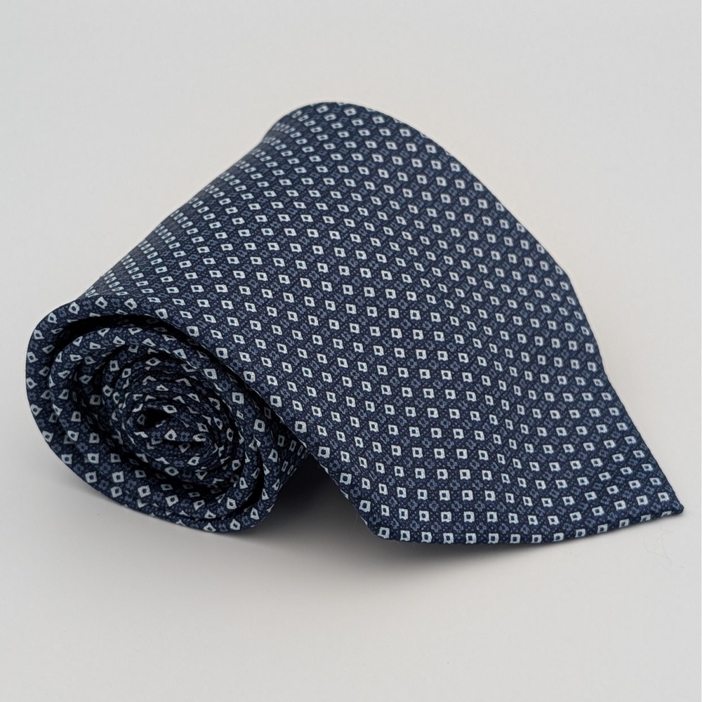 Romario Manzini Mens Tie Navy Blue White Geometric Diamond Silk Professional 61"